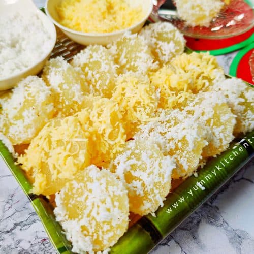 Fresh homemade pichi-pichi topped with grated coconut